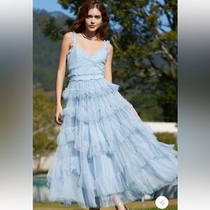 Dusty Blue Ruffle Maxi Bridesmaid Prom Dress
